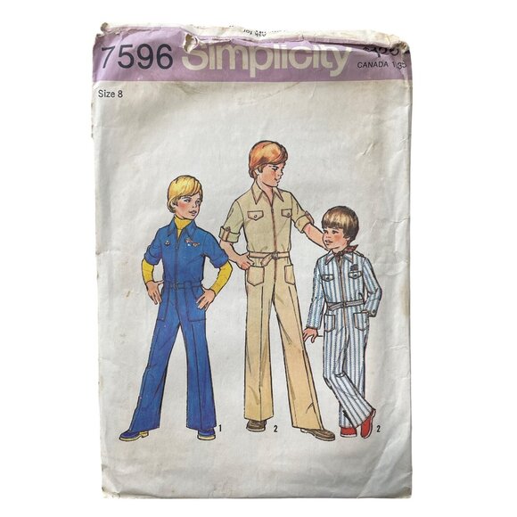 70s Simplicity 7596 Boys Jumpsuit Sewing Pattern Size 8 Vintage 1976 Retro CUT - Picture 1 of 7